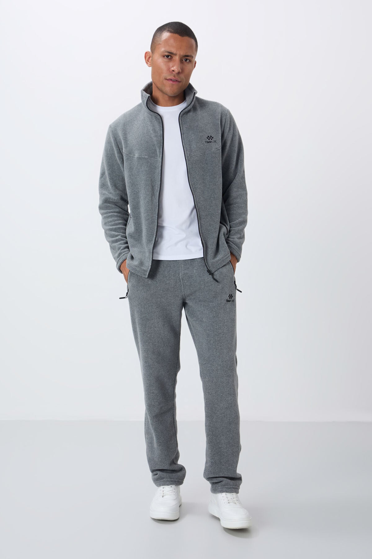 Gri Melanj Dik Yaka Basic Fermuar Cepli Standart Kalıp Erkek Polar Eşofman Takımı - 85193