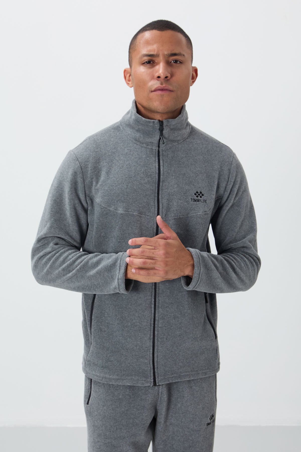 Gri Melanj Dik Yaka Basic Fermuar Cepli Standart Kalıp Erkek Polar Eşofman Takımı - 85193