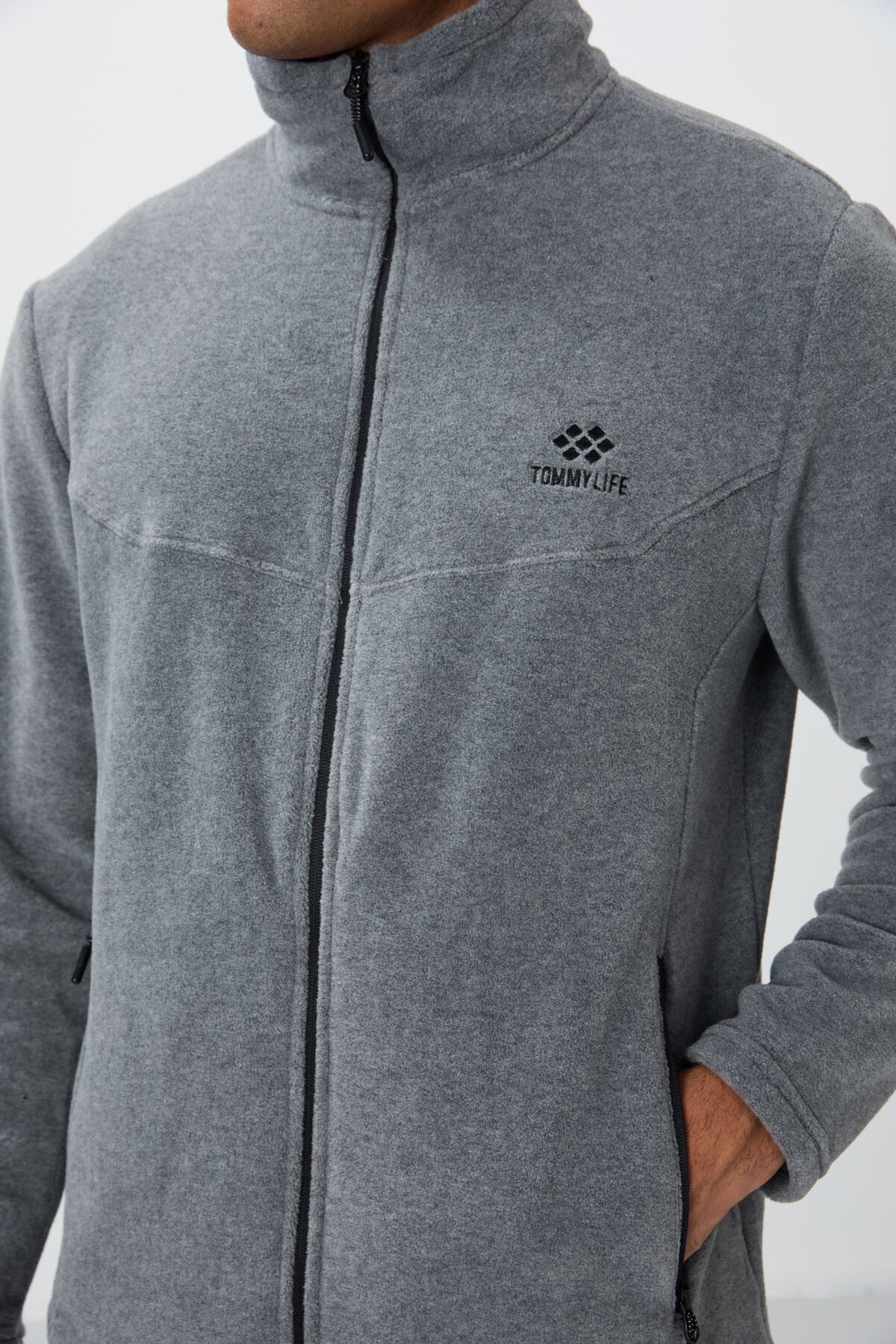 Gri Melanj Dik Yaka Basic Fermuar Cepli Standart Kalıp Erkek Polar Eşofman Takımı - 85193
