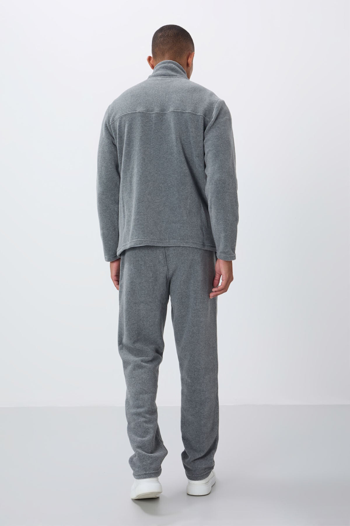 Gri Melanj Dik Yaka Basic Fermuar Cepli Standart Kalıp Erkek Polar Eşofman Takımı - 85193