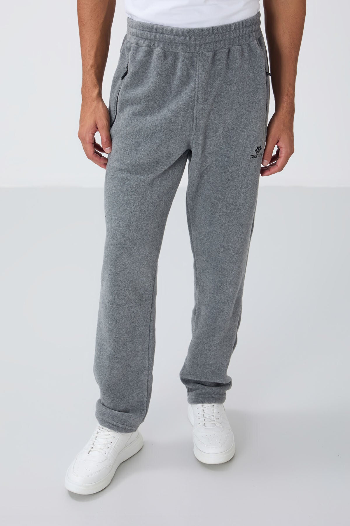 Gri Melanj Dik Yaka Basic Fermuar Cepli Standart Kalıp Erkek Polar Eşofman Takımı - 85193