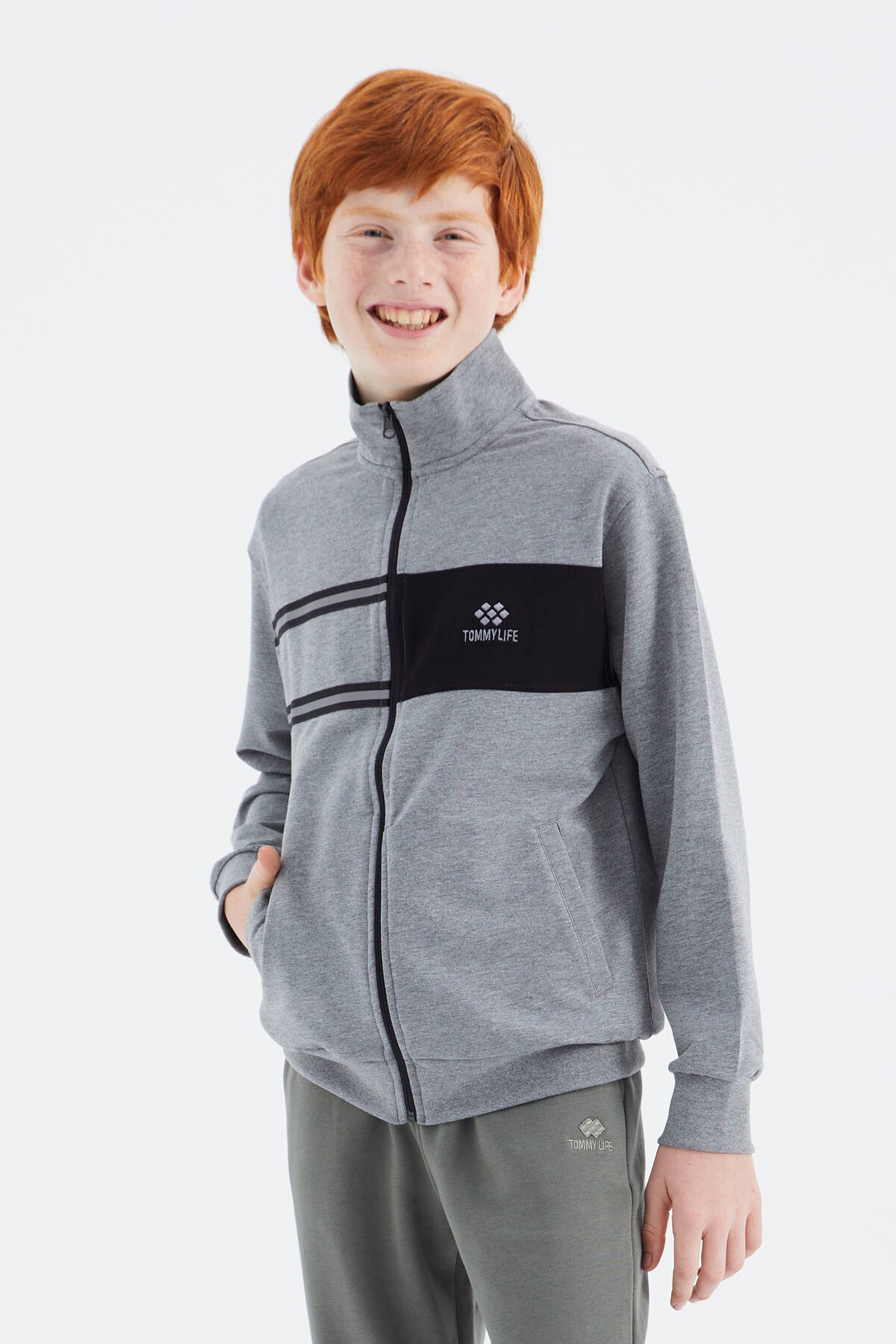 Gri Melanj Dik Yaka Erkek Çocuk Sweatshirt - 11183