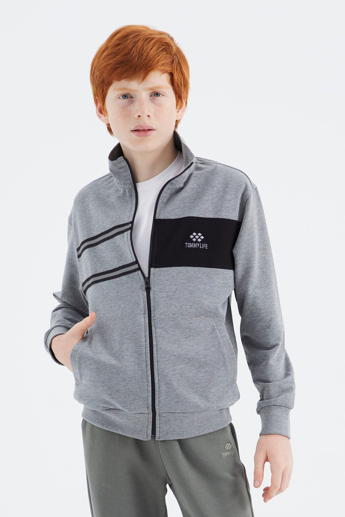 Gri Melanj Dik Yaka Erkek Çocuk Sweatshirt - 11183