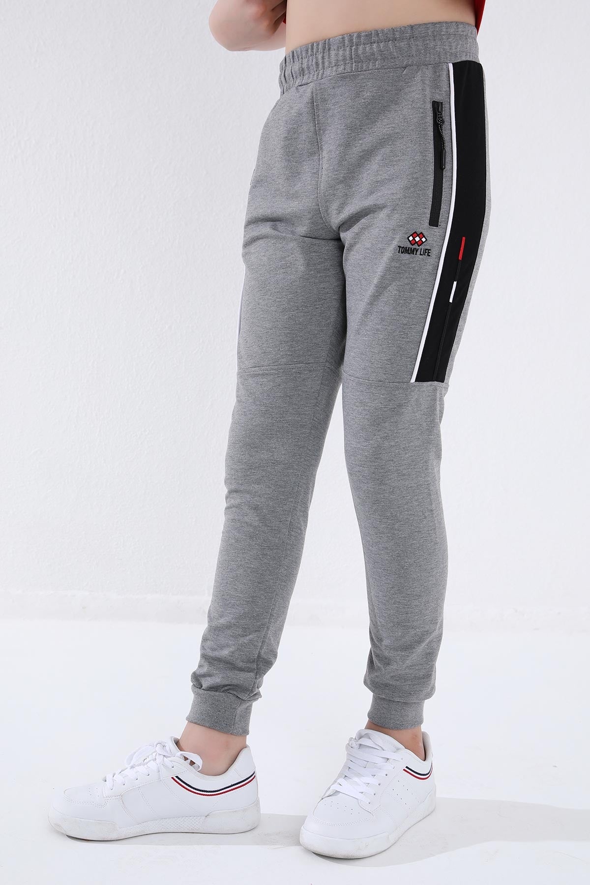 Gri Melanj Erkek Çocuk Jogger Yarım Şeritli Standart Kalıp Manşetli Eşofman Alt - 64047