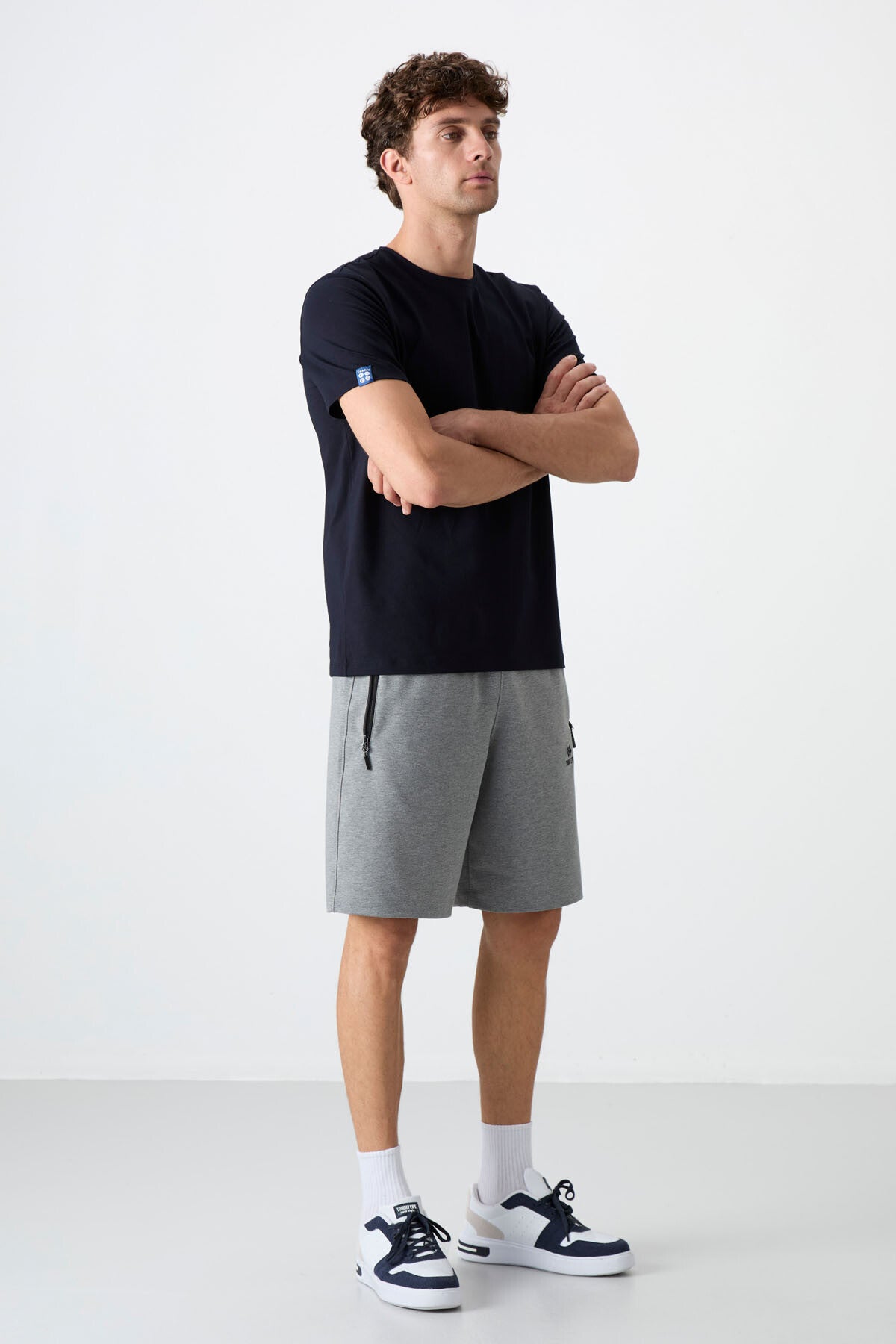 Gri Melanj Gizli Fermuar Arka Cepli Bağcıklı Standart Kalıp Erkek Şort - 81136