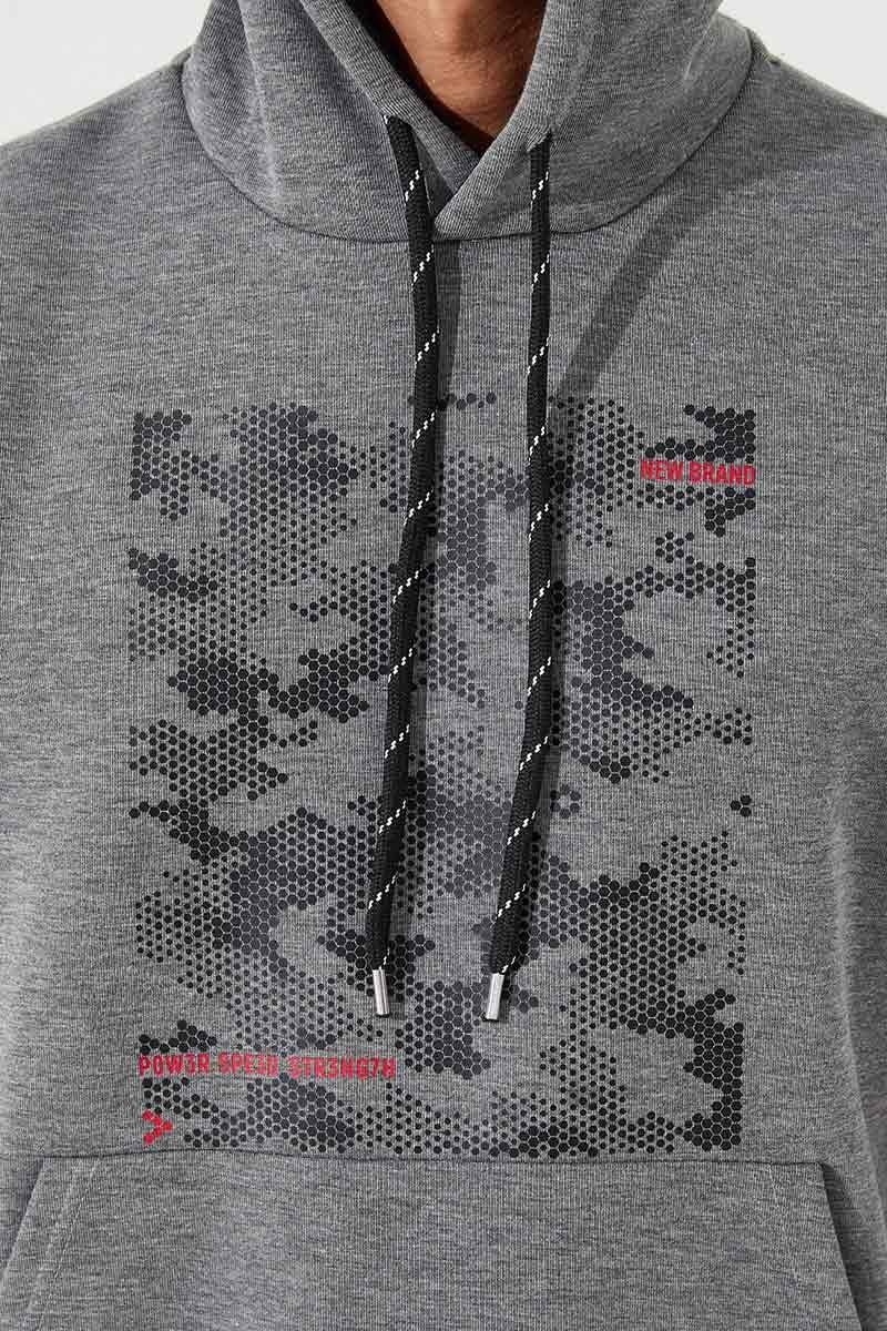 Gri Melanj Kamuflaj Desen Baskılı Standart Kalıp Kapüşonlu Erkek Sweatshirt - 87884