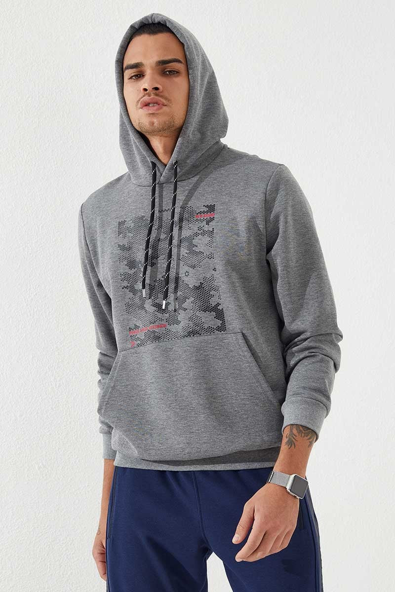 Gri Melanj Kamuflaj Desen Baskılı Standart Kalıp Kapüşonlu Erkek Sweatshirt - 87884