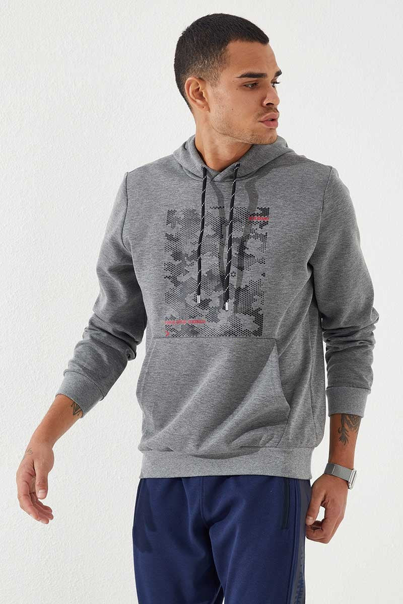 Gri Melanj Kamuflaj Desen Baskılı Standart Kalıp Kapüşonlu Erkek Sweatshirt - 87884