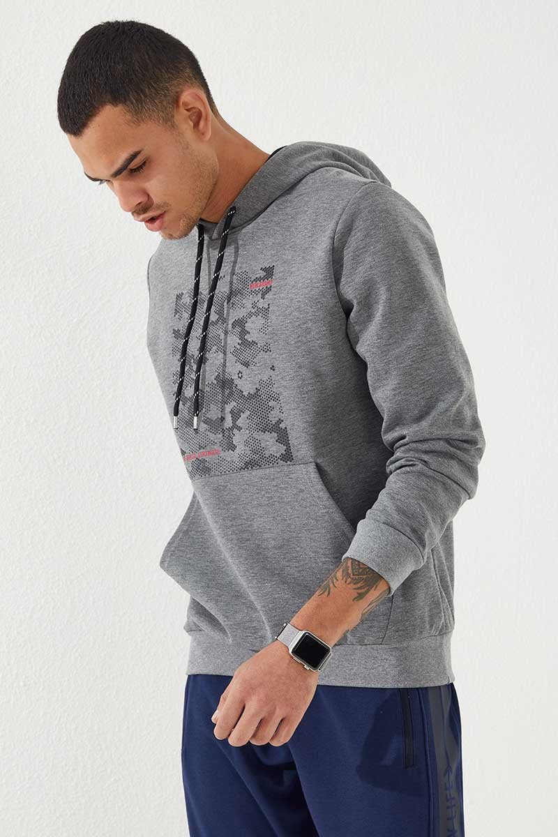 Gri Melanj Kamuflaj Desen Baskılı Standart Kalıp Kapüşonlu Erkek Sweatshirt - 87884
