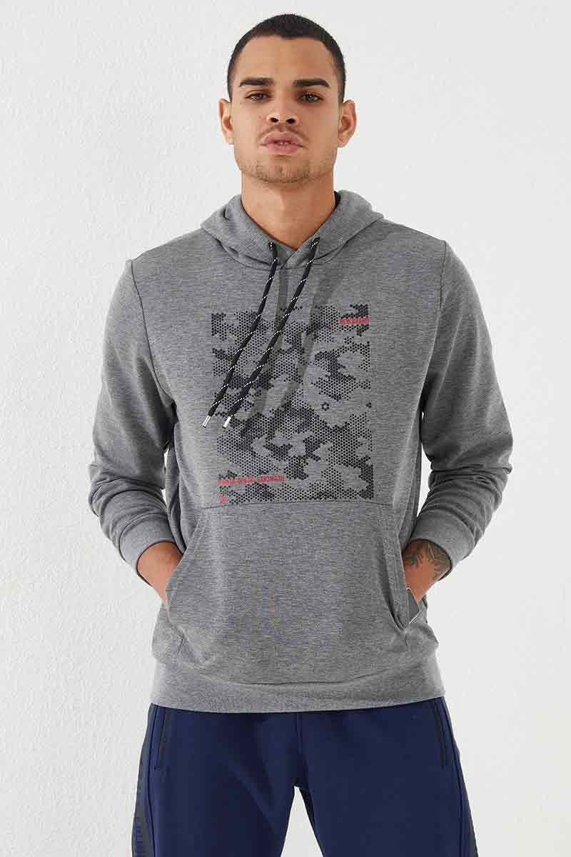 Gri Melanj Kamuflaj Desen Baskılı Standart Kalıp Kapüşonlu Erkek Sweatshirt - 87884