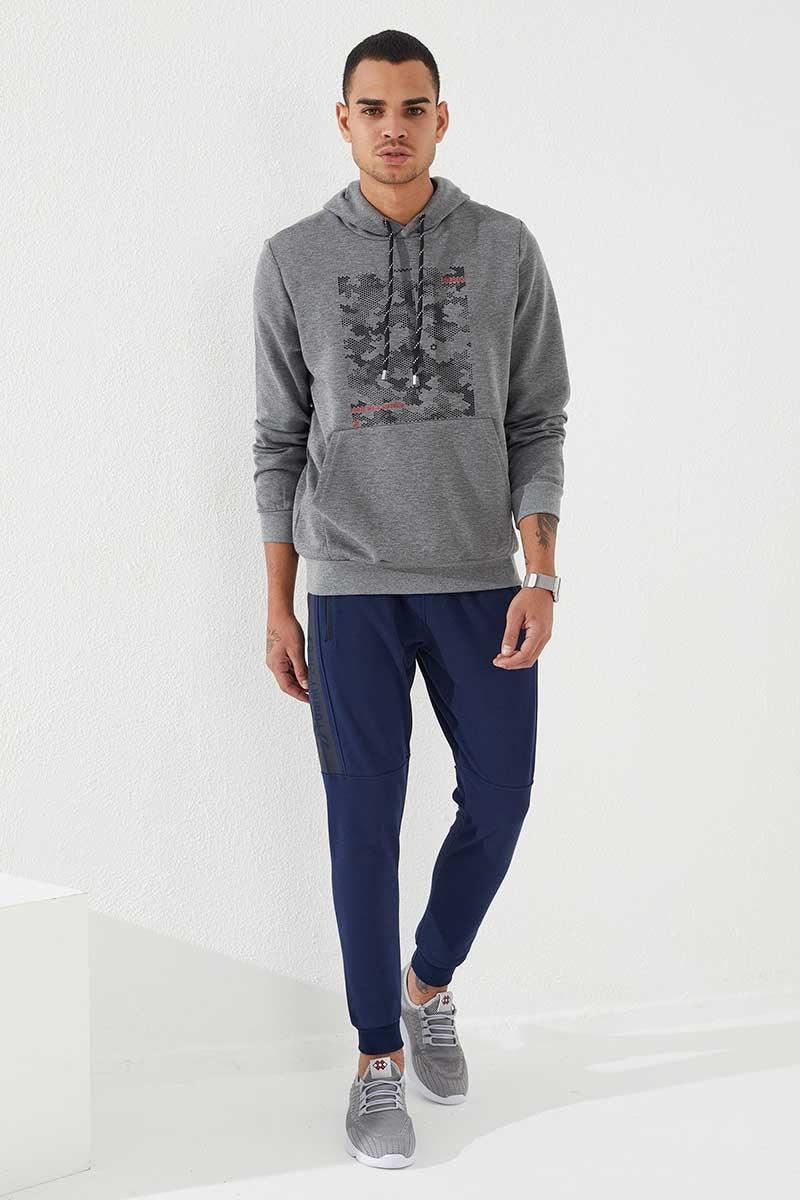 Gri Melanj Kamuflaj Desen Baskılı Standart Kalıp Kapüşonlu Erkek Sweatshirt - 87884
