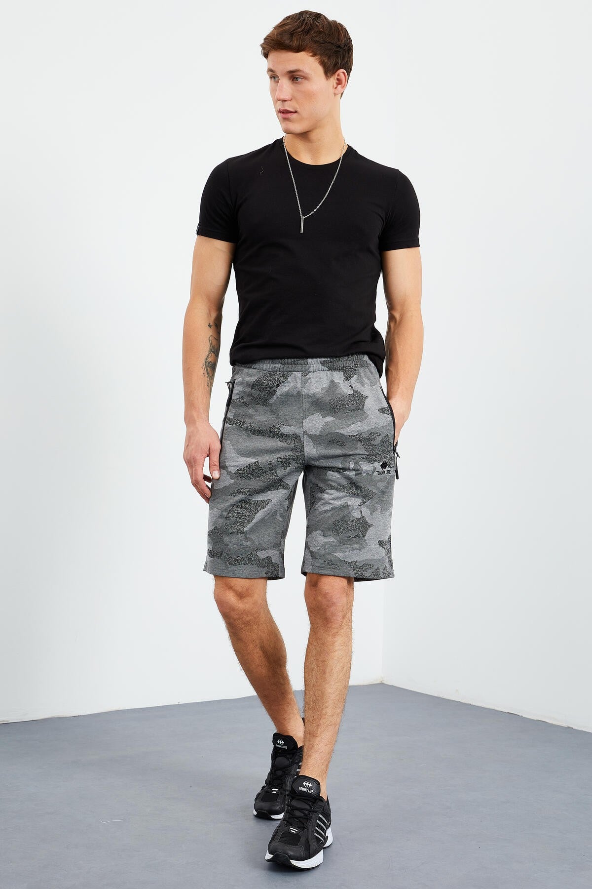 Gri Melanj Kamuflaj Desenli Standart Kalıp Erkek Şort - 81157
