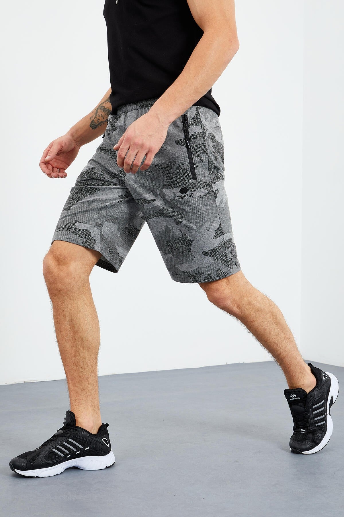 Gri Melanj Kamuflaj Desenli Standart Kalıp Erkek Şort - 81157