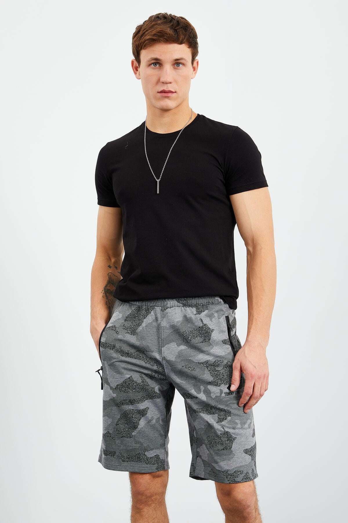 Gri Melanj Kamuflaj Desenli Standart Kalıp Erkek Şort - 81157