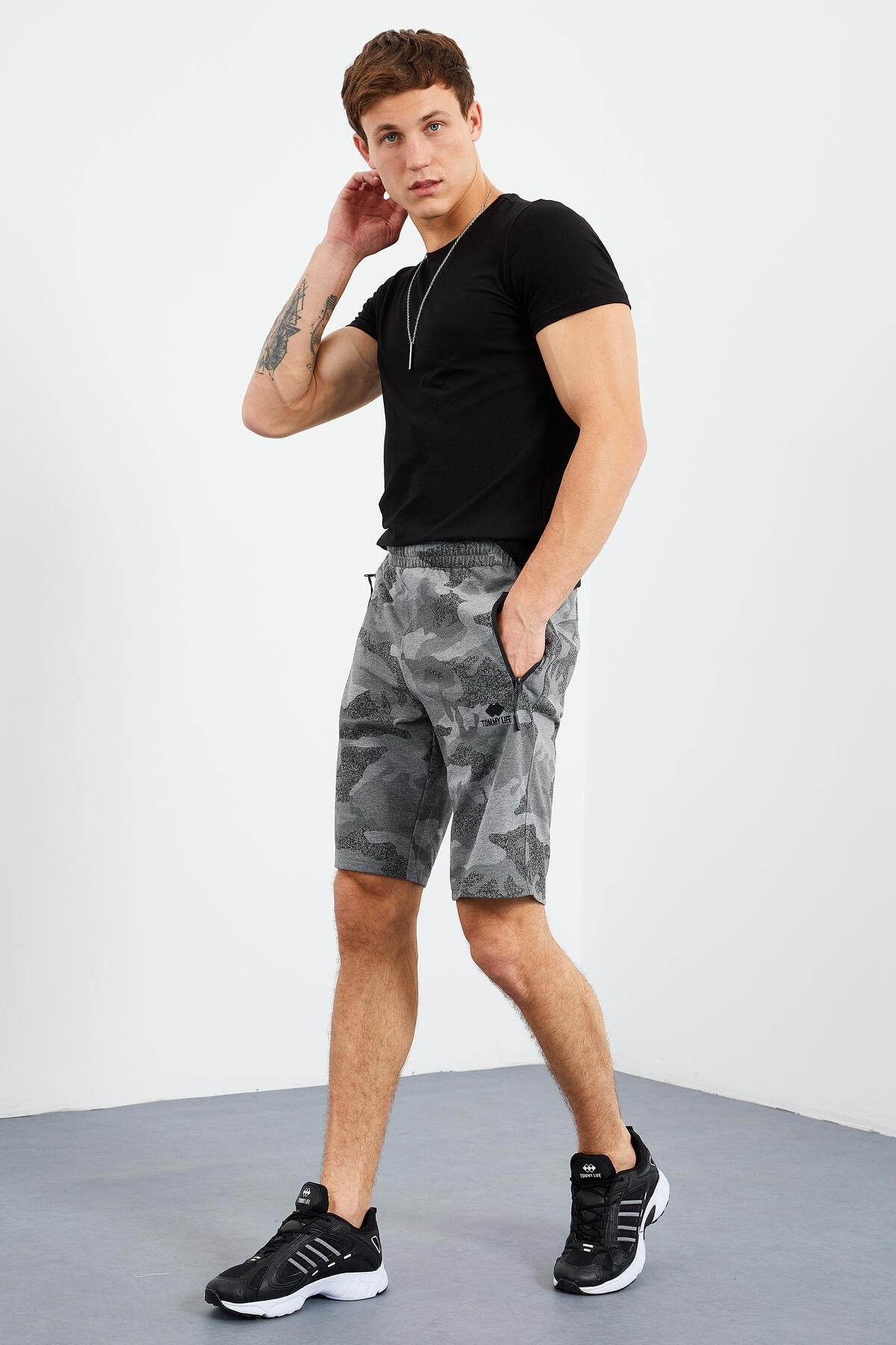 Gri Melanj Kamuflaj Desenli Standart Kalıp Erkek Şort - 81157