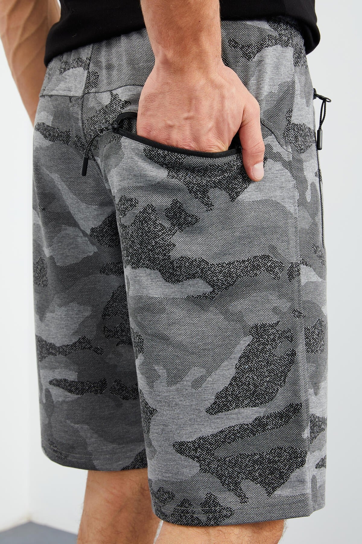 Gri Melanj Kamuflaj Desenli Standart Kalıp Erkek Şort - 81157