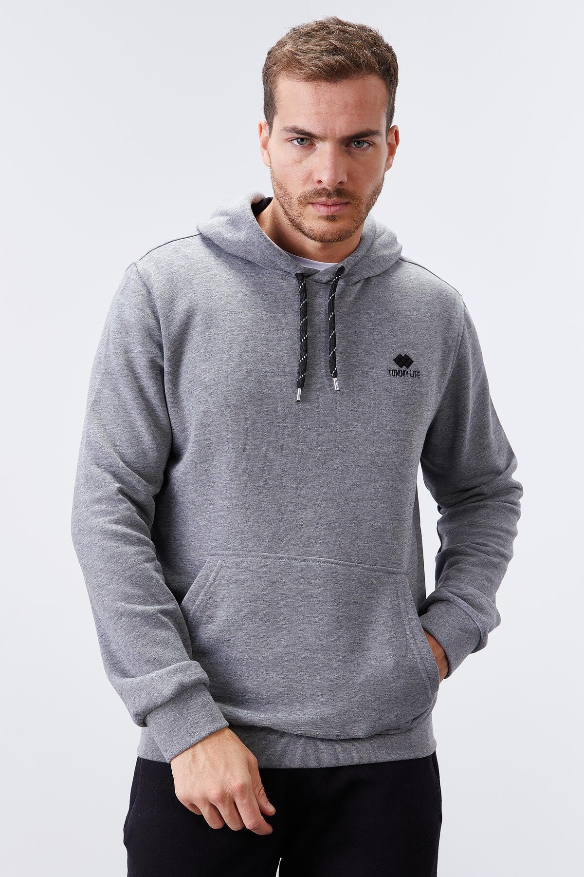 Gri Melanj Kanguru Cep Standart Kalıp Kapüşonlu Erkek Sweatshirt - 87872