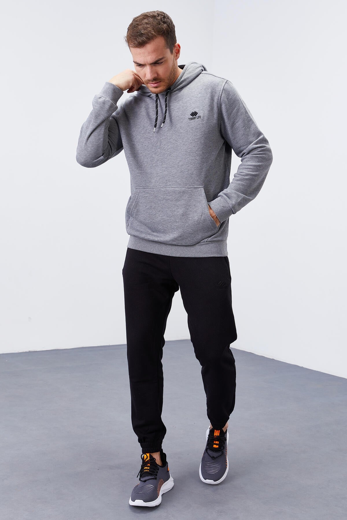 Gri Melanj Kanguru Cep Standart Kalıp Kapüşonlu Erkek Sweatshirt - 87872