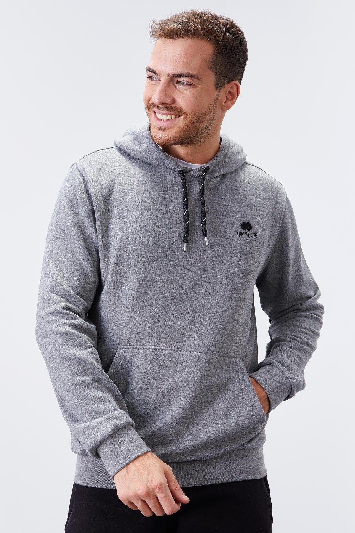 Gri Melanj Kanguru Cep Standart Kalıp Kapüşonlu Erkek Sweatshirt - 87872