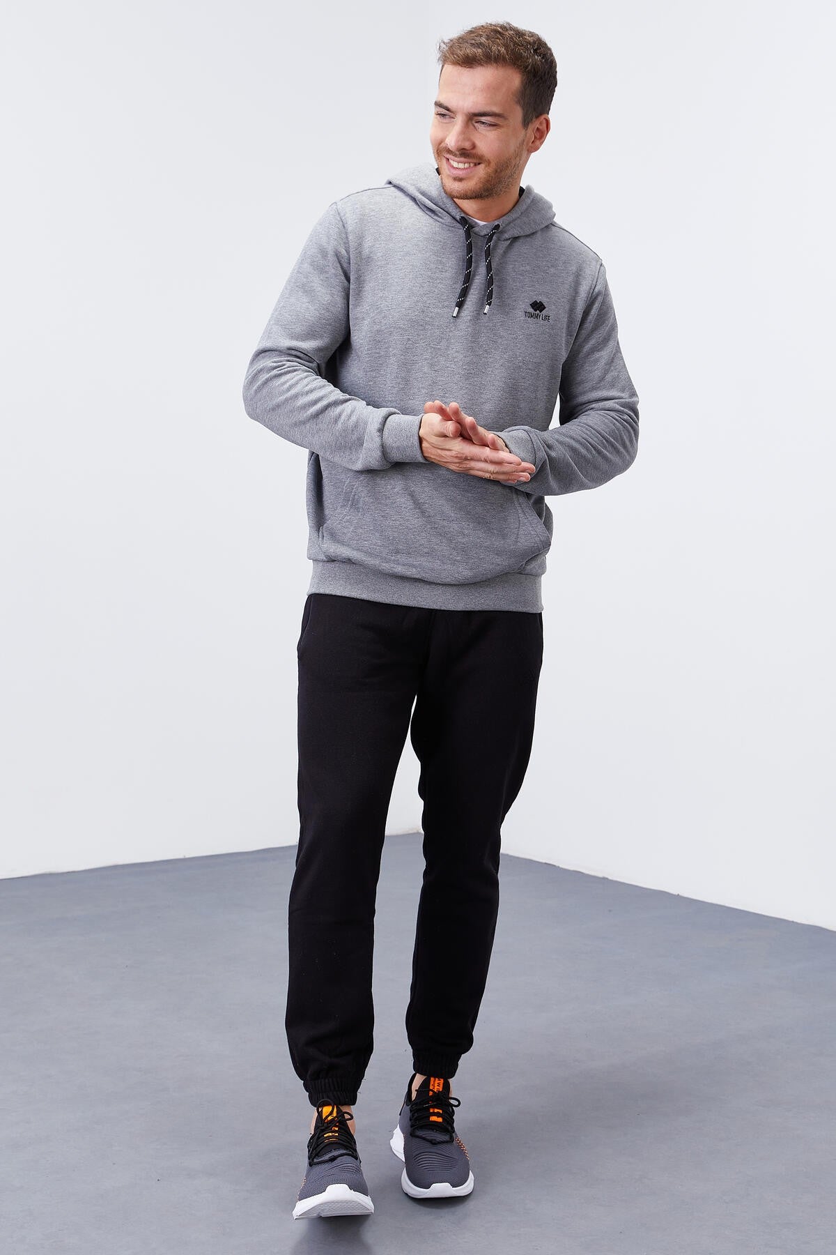 Gri Melanj Kanguru Cep Standart Kalıp Kapüşonlu Erkek Sweatshirt - 87872