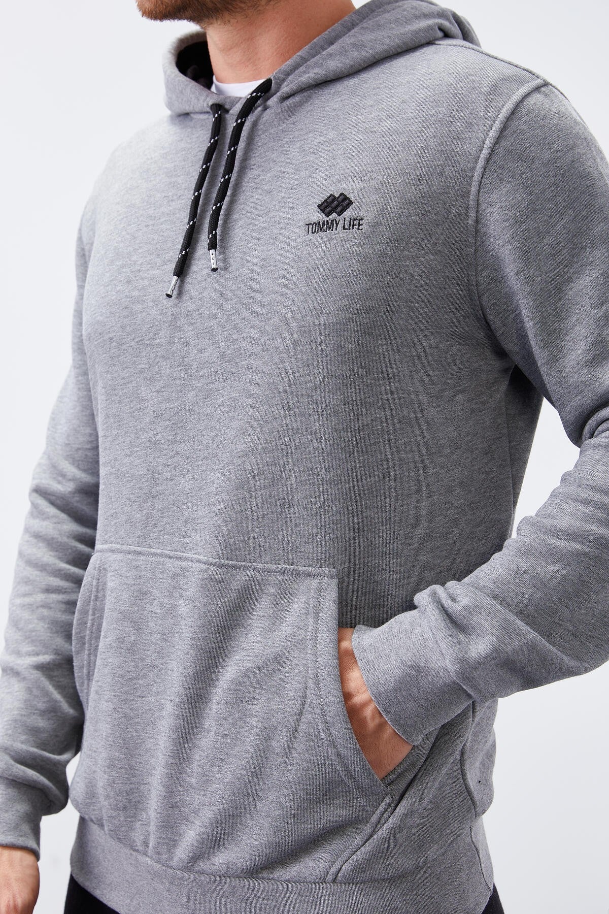 Gri Melanj Kanguru Cep Standart Kalıp Kapüşonlu Erkek Sweatshirt - 87872