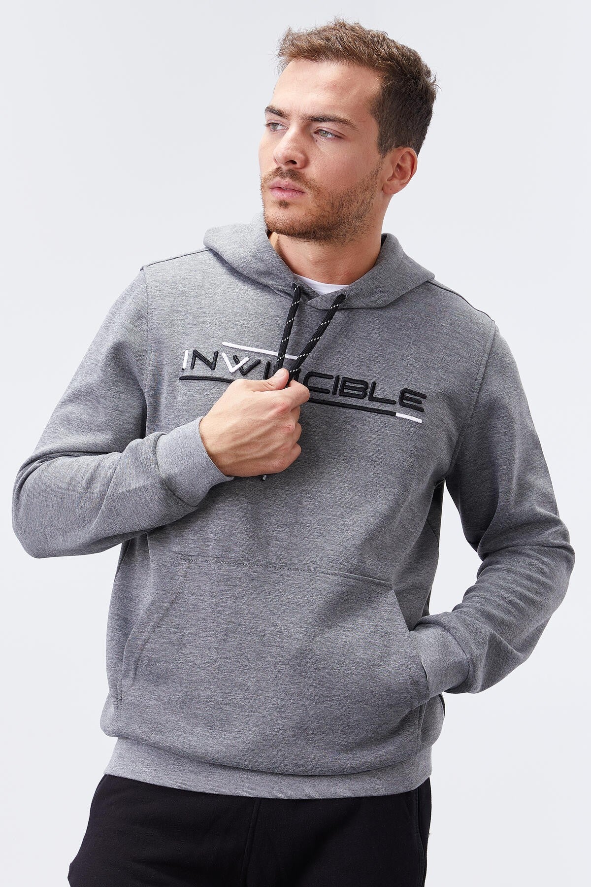 Gri Melanj Kanguru Cep Standart Kalıp Kapüşonlu Erkek Sweatshirt - 87883