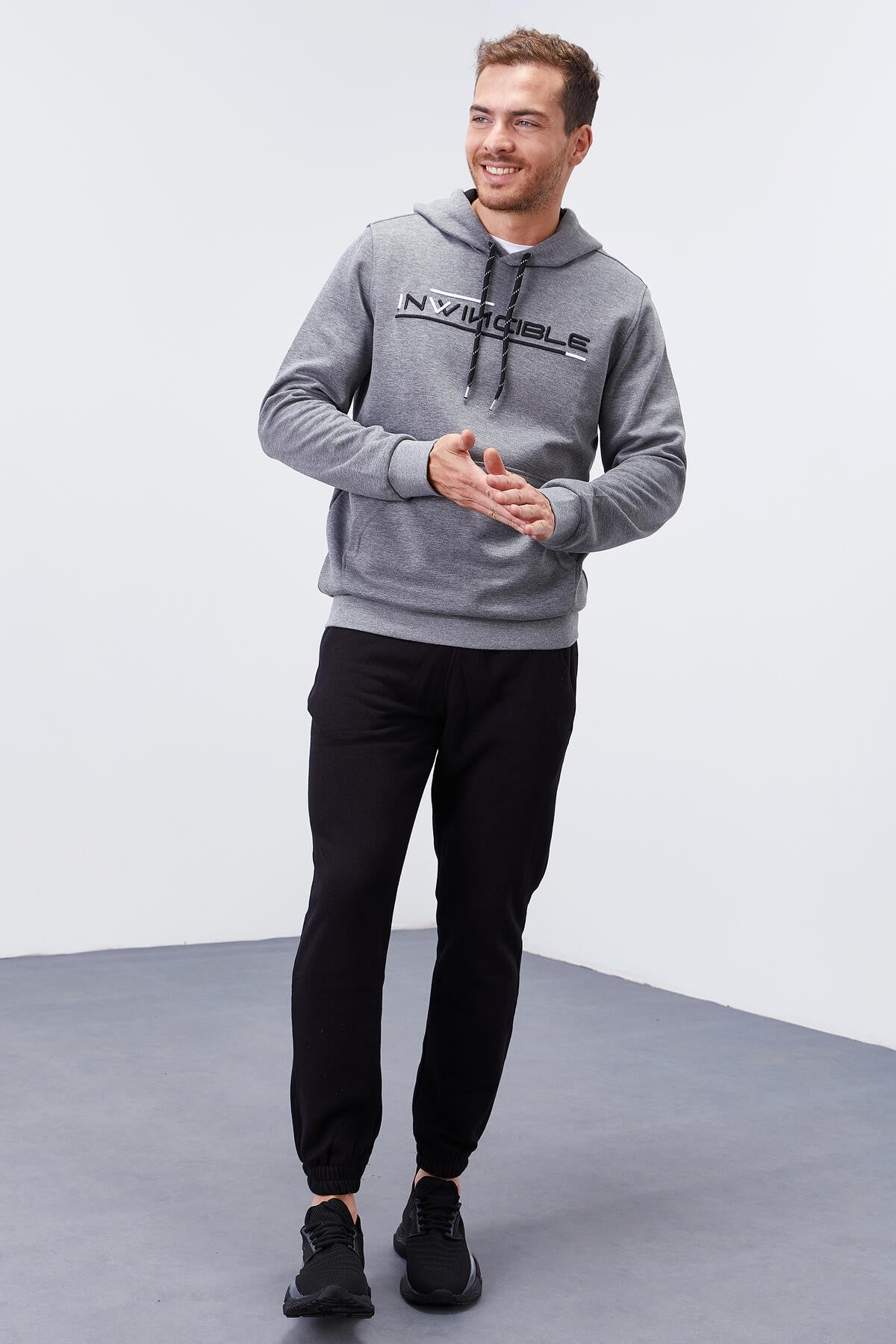 Gri Melanj Kanguru Cep Standart Kalıp Kapüşonlu Erkek Sweatshirt - 87883