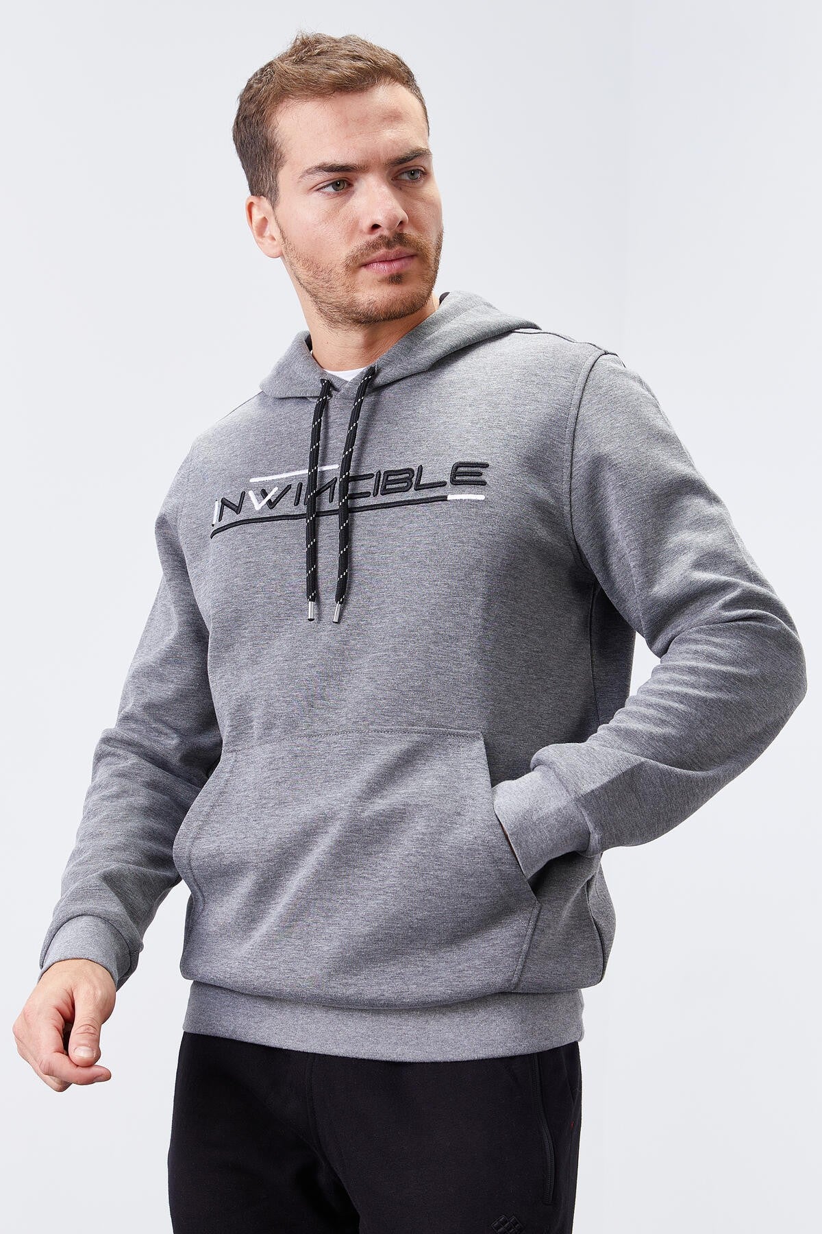 Gri Melanj Kanguru Cep Standart Kalıp Kapüşonlu Erkek Sweatshirt - 87883