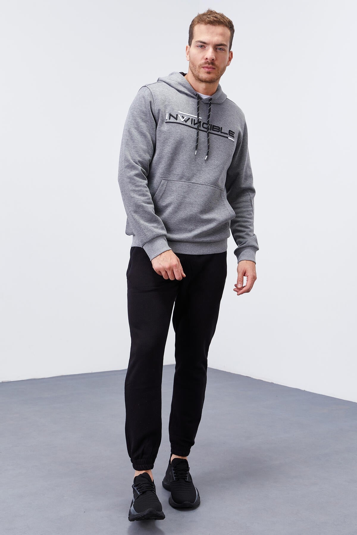Gri Melanj Kanguru Cep Standart Kalıp Kapüşonlu Erkek Sweatshirt - 87883