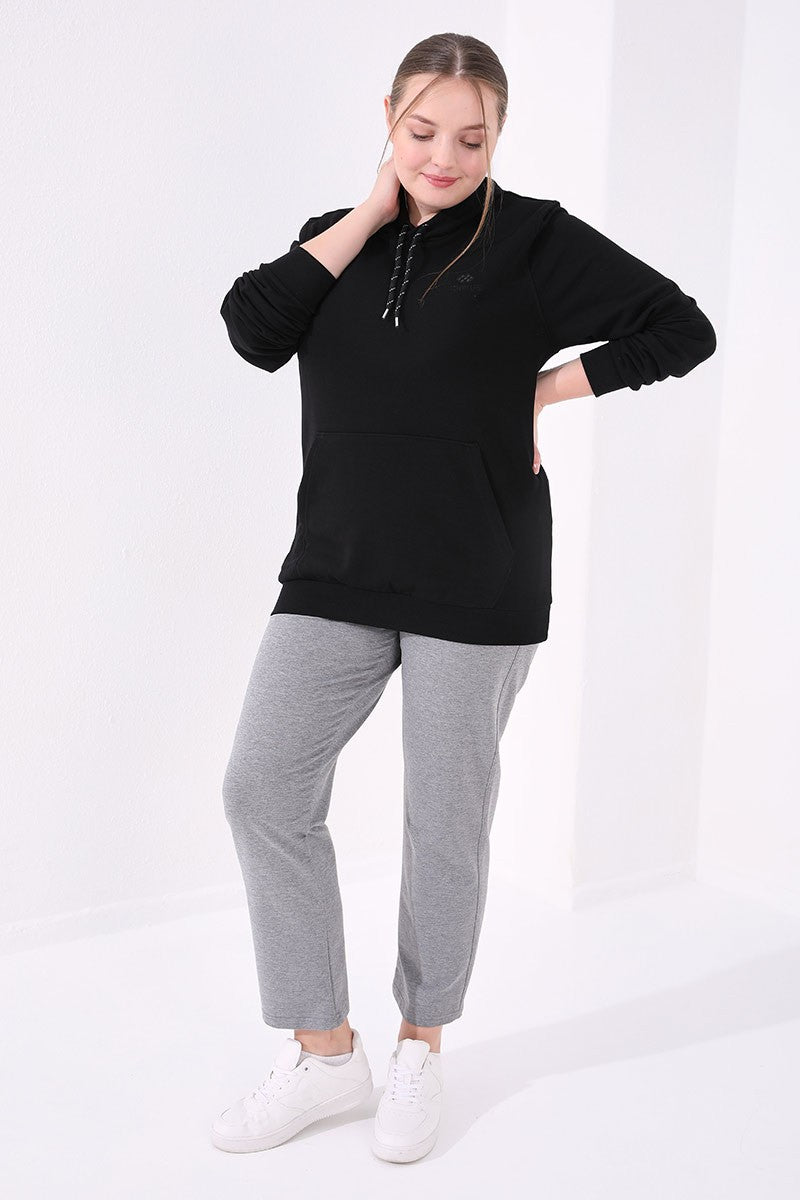 Gri Melanj Klasik Paça Taş Detaylı Kadın Büyük Beden Eşofman Alt - 94040