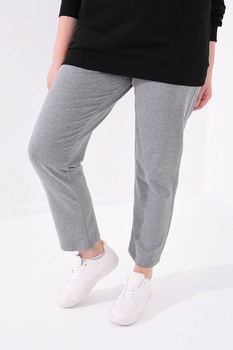 Gri Melanj Klasik Paça Taş Detaylı Kadın Büyük Beden Eşofman Alt - 94040