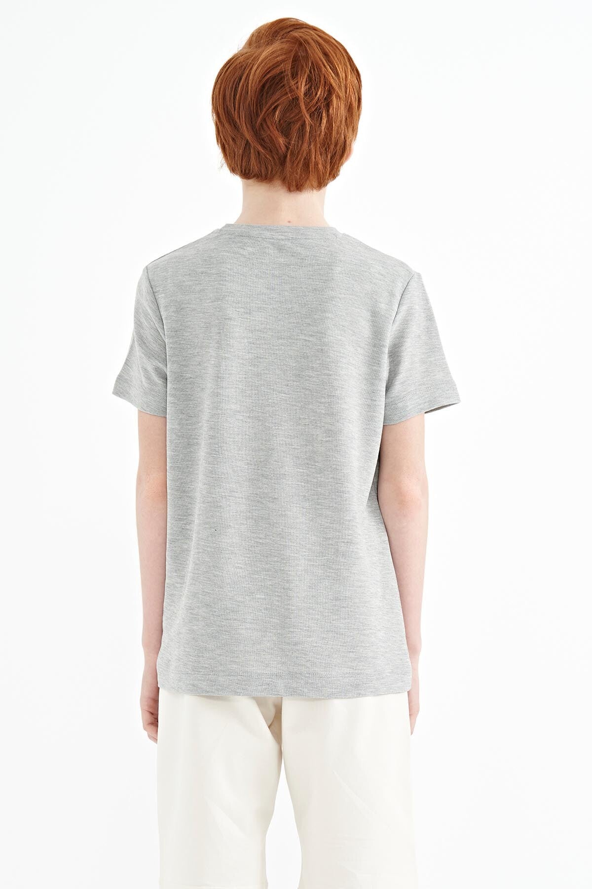 Gri Melanj Nakış İşleme Detaylı O Yaka Standart Kalıp Erkek Çocuk T-Shirt - 11115