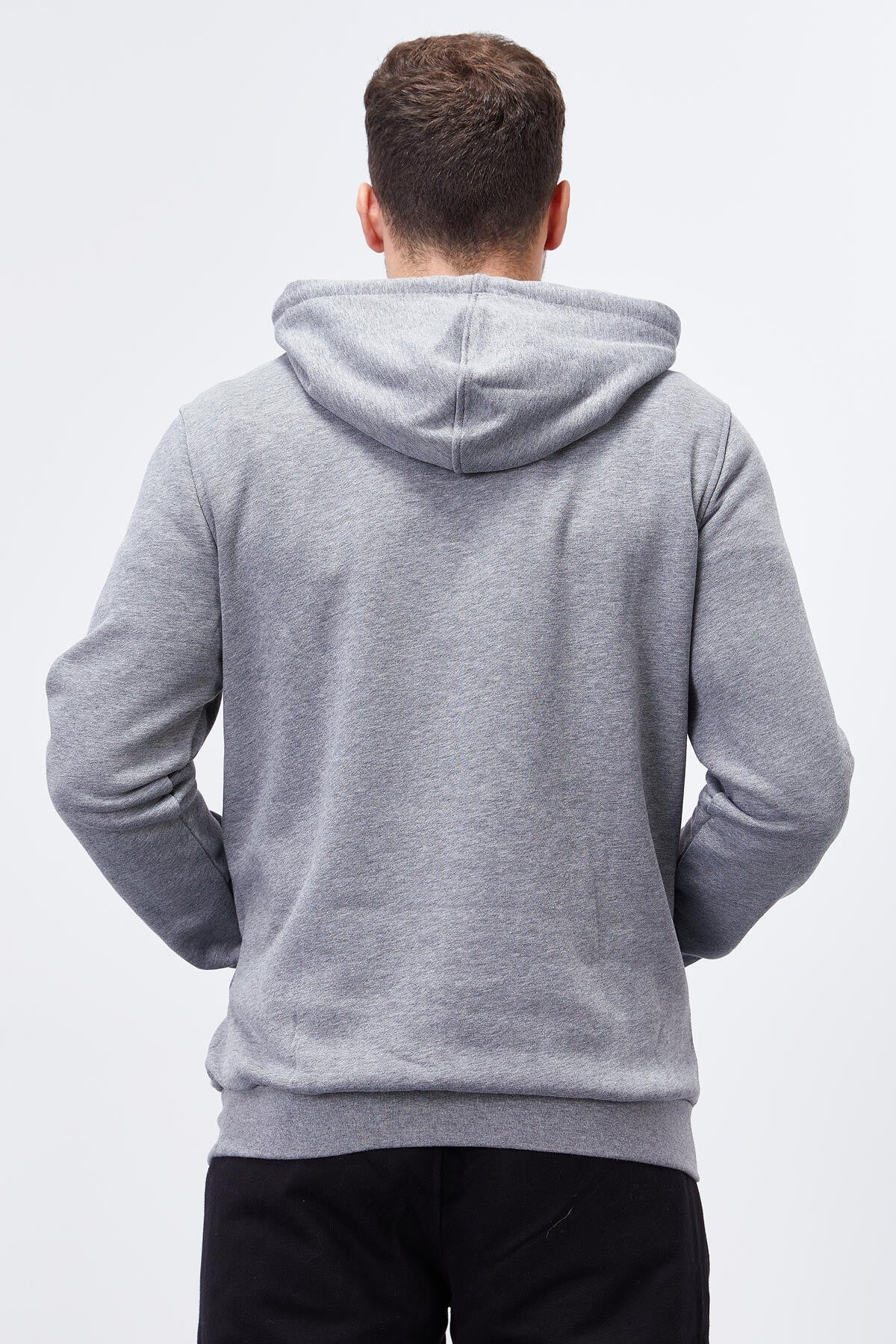 Gri Melanj Nakışlı Kanguru Cep Standart Kalıp Kapüşonlu Erkek Sweatshirt - 87839
