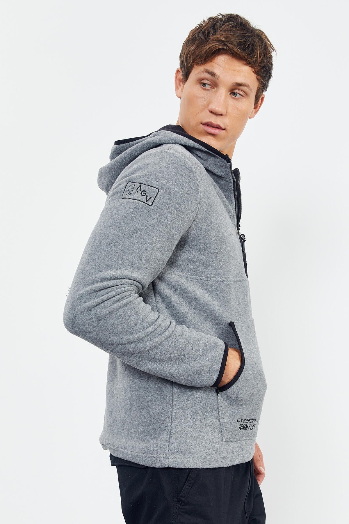 Gri Melanj Nakışlı Yarım Fermuar Kapüşonlu Standart Kalıp Erkek Polar Sweatshirt - 87996