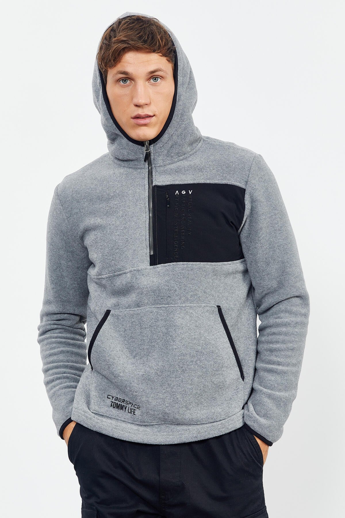 Gri Melanj Nakışlı Yarım Fermuar Kapüşonlu Standart Kalıp Erkek Polar Sweatshirt - 87996