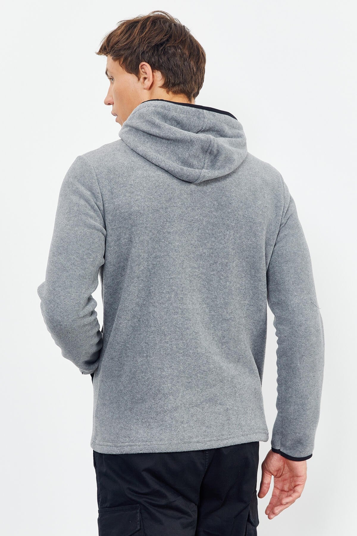 Gri Melanj Nakışlı Yarım Fermuar Kapüşonlu Standart Kalıp Erkek Polar Sweatshirt - 87996