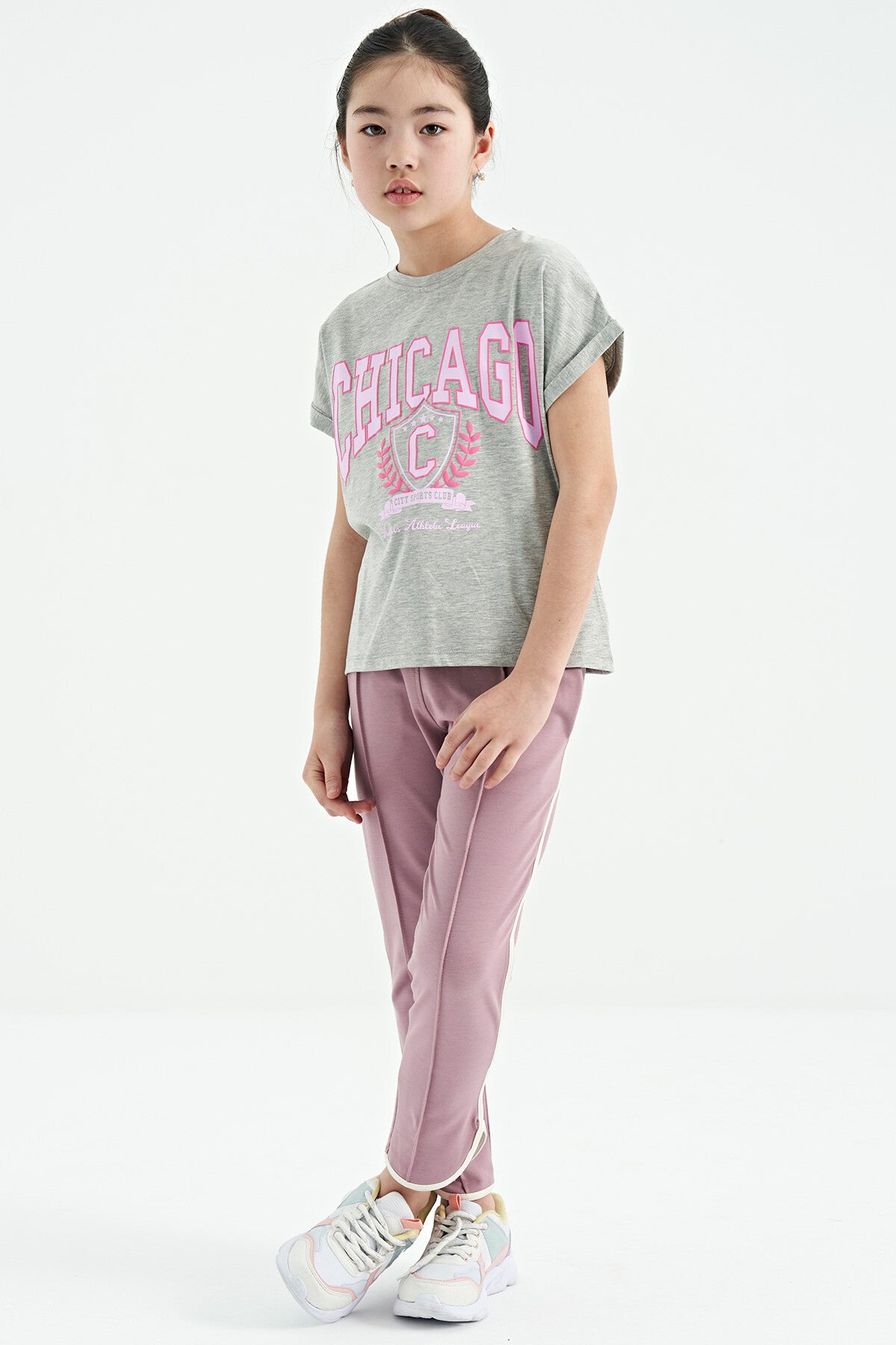 Gri Melanj O Yaka Düşük Omuzlu Rahat Form Kısa Kollu Kız Çocuk T-Shirt - 75128