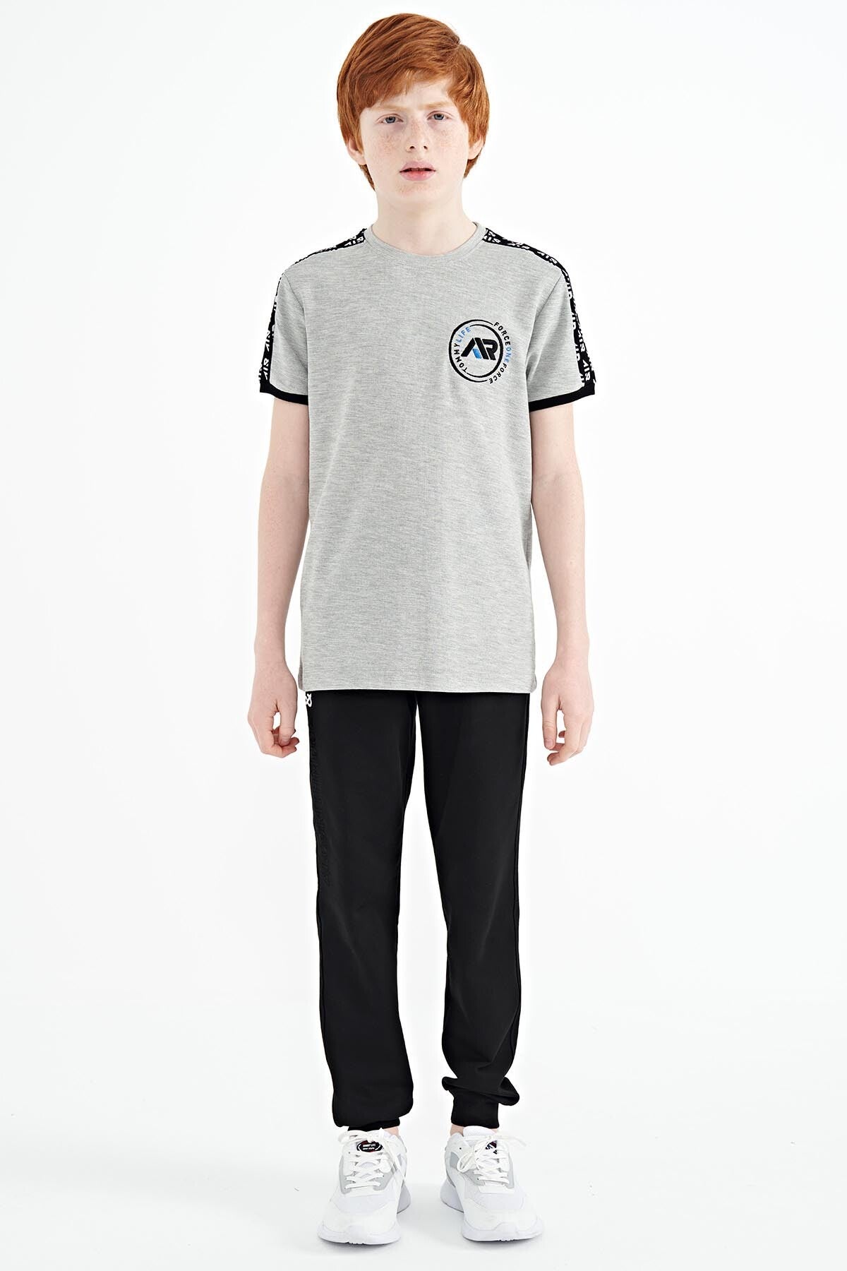 Gri Melanj Omuz Baskı Detaylı Standart Kalıp O Yaka Erkek Çocuk T-Shirt - 11121