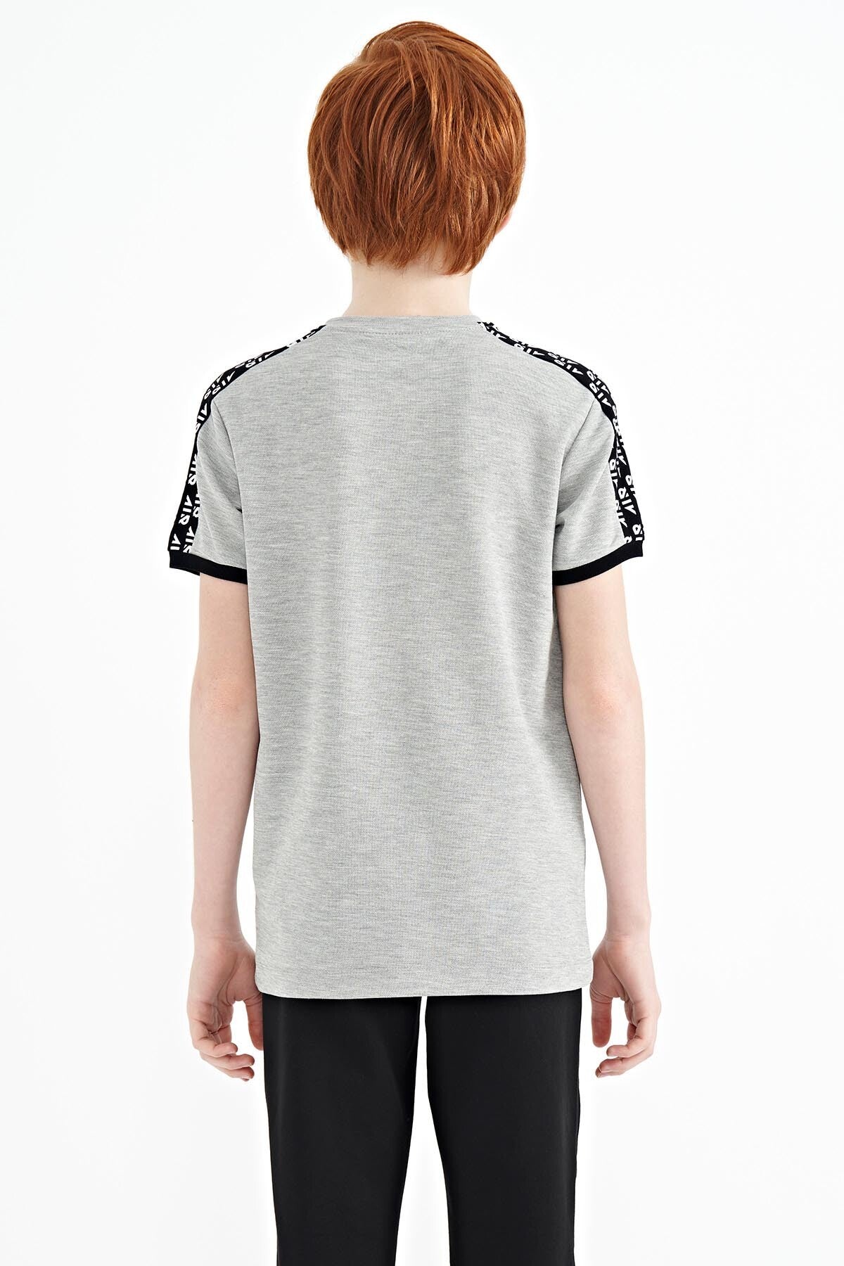 Gri Melanj Omuz Baskı Detaylı Standart Kalıp O Yaka Erkek Çocuk T-Shirt - 11121