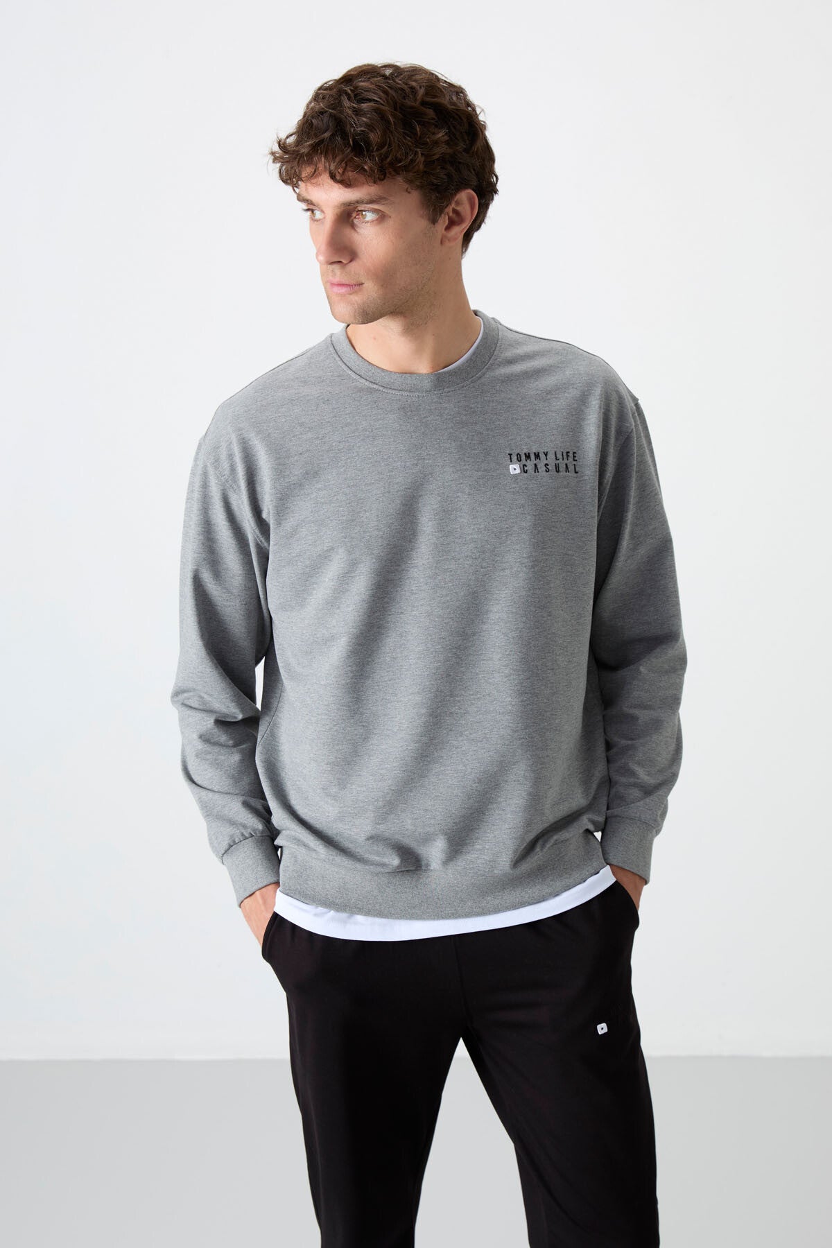 Gri Melanj - Siyah Casual O Yaka Lastik Paça Pamuklu Erkek Oversize Eşofman Takımı - 85120