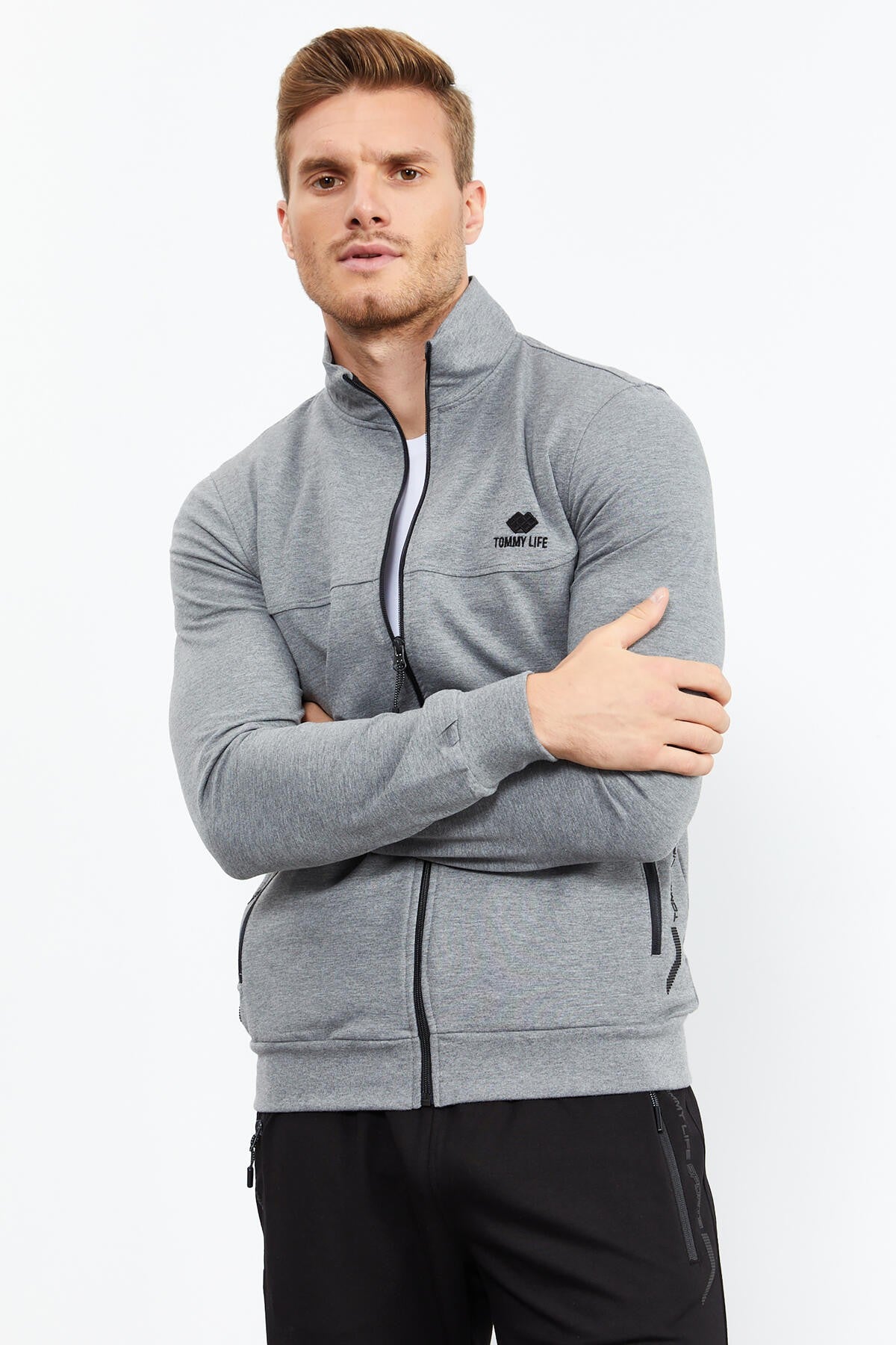 Gri Melanj - Siyah Dik Yaka Fermuarlı Standart Kalıp Klasik Paça Erkek Eşofman Takımı - 85152