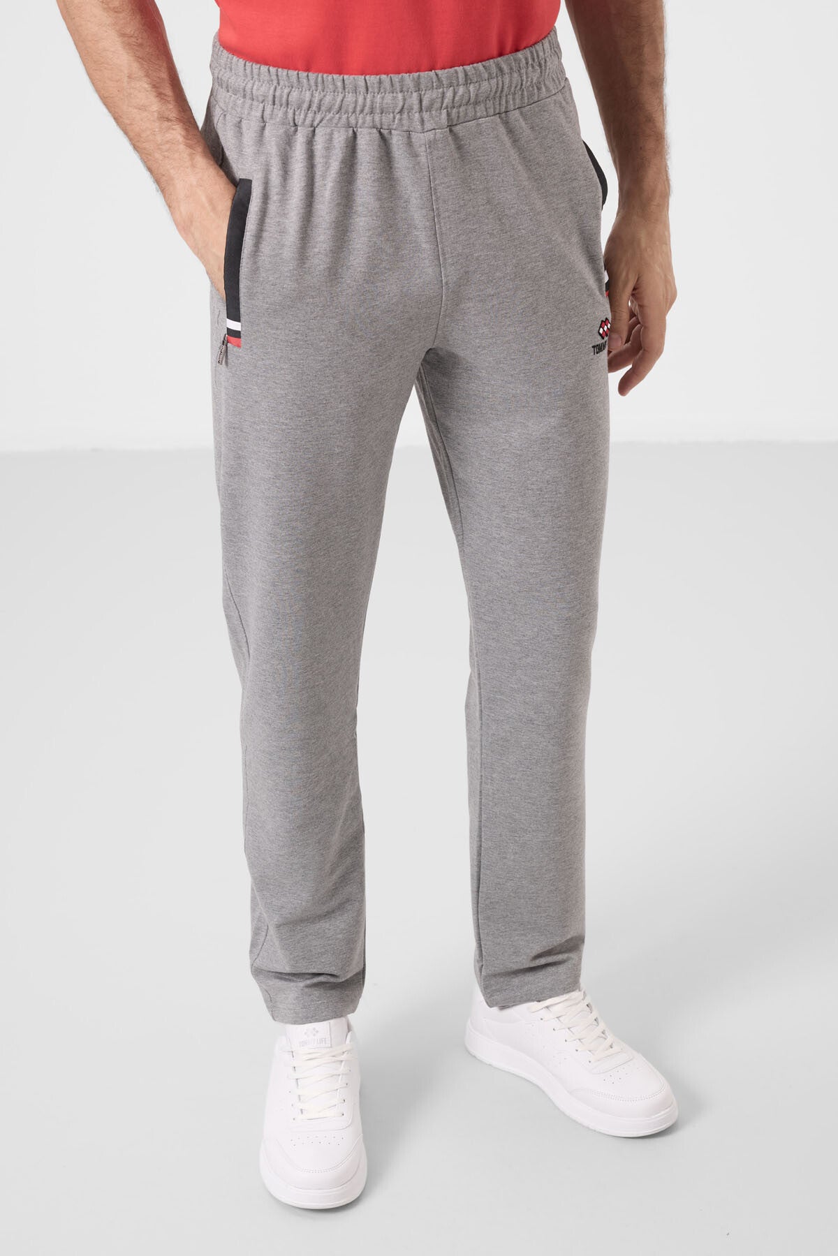 Gri Melanj - Siyah Fermuar Cepli Dar Kalıp Klasik Paça Erkek Eşofman Alt - 84649