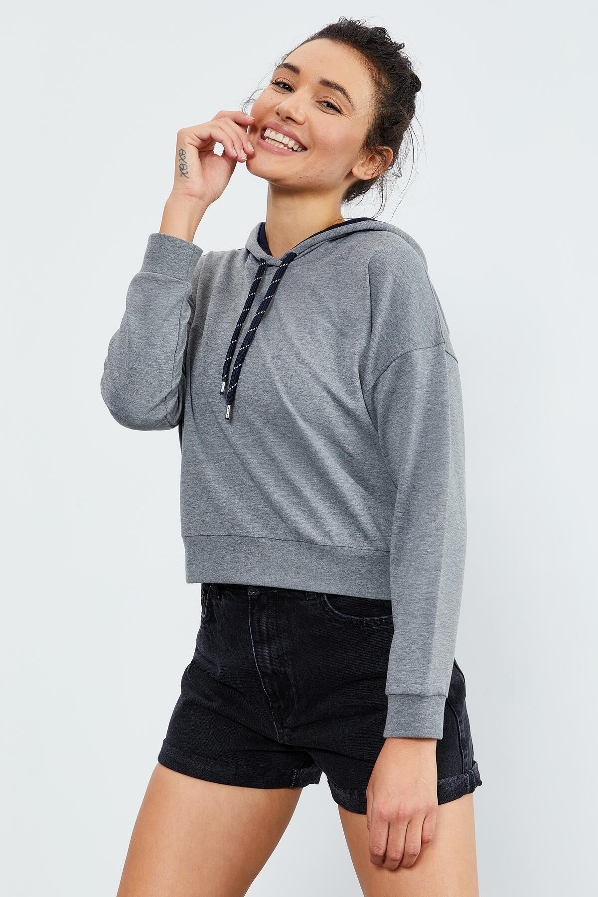 Gri Melanj Uzun Kol Rahat Form Kapüşonlu Kadın Sweatshirt - 97115