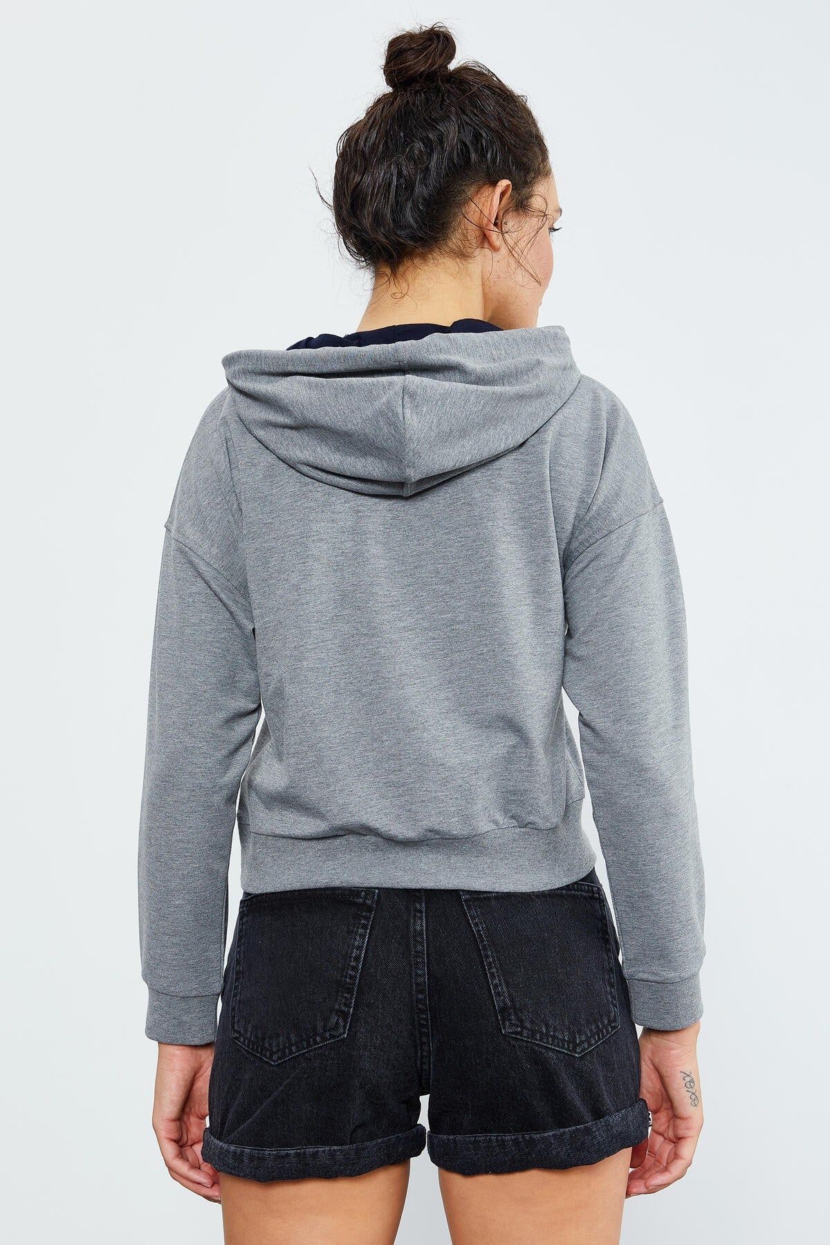 Gri Melanj Uzun Kol Rahat Form Kapüşonlu Kadın Sweatshirt - 97115