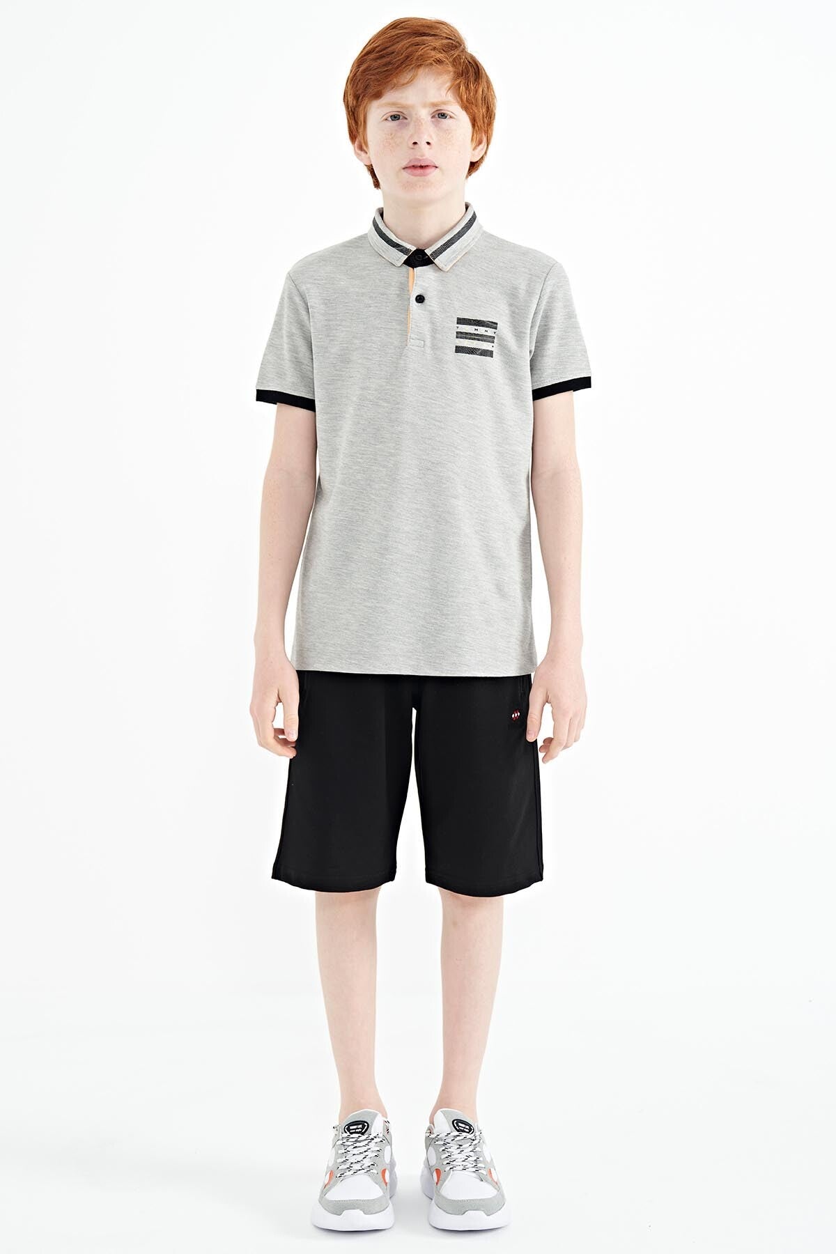 Gri Melanj Yakası Renk Bloklu Baskı Detaylı Standart Kalıp Erkek Çocuk T-Shirt - 11111