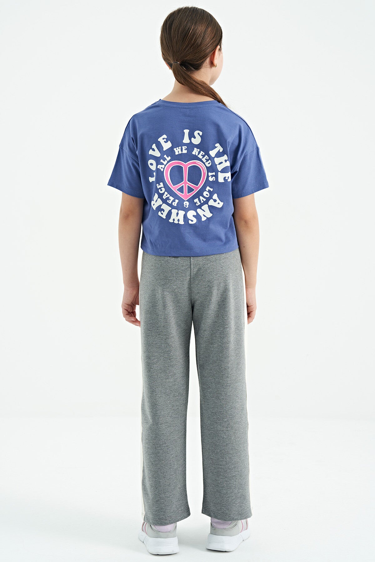 Gri Melanj Yan Bant Detaylı Bağcıklı Rahat Kalıp Geniş Paça Kız Çocuk Eşofman Alt - 75119