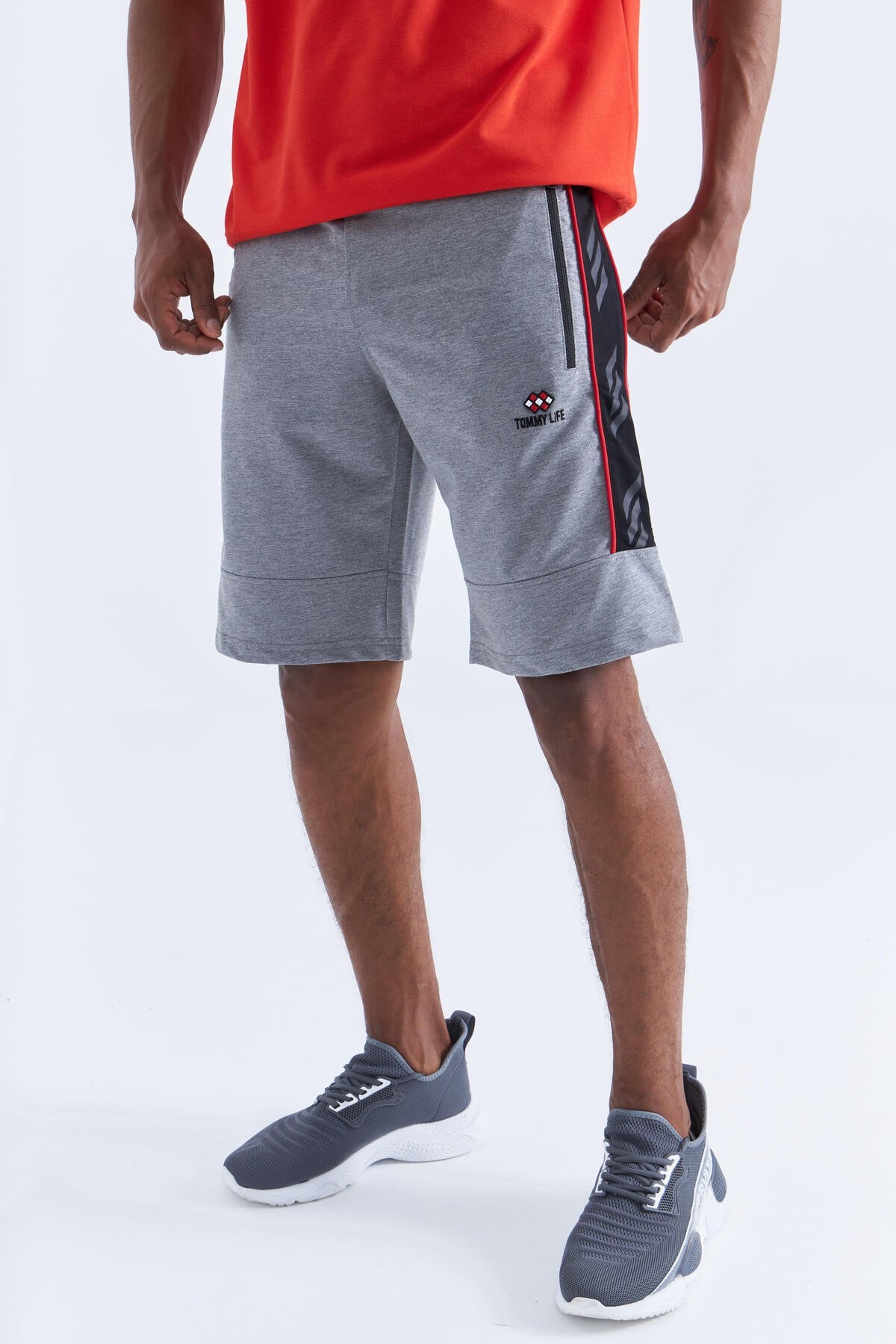 Gri Melanj Yan Şeritli Standart Kalıp Erkek Şort - 81148