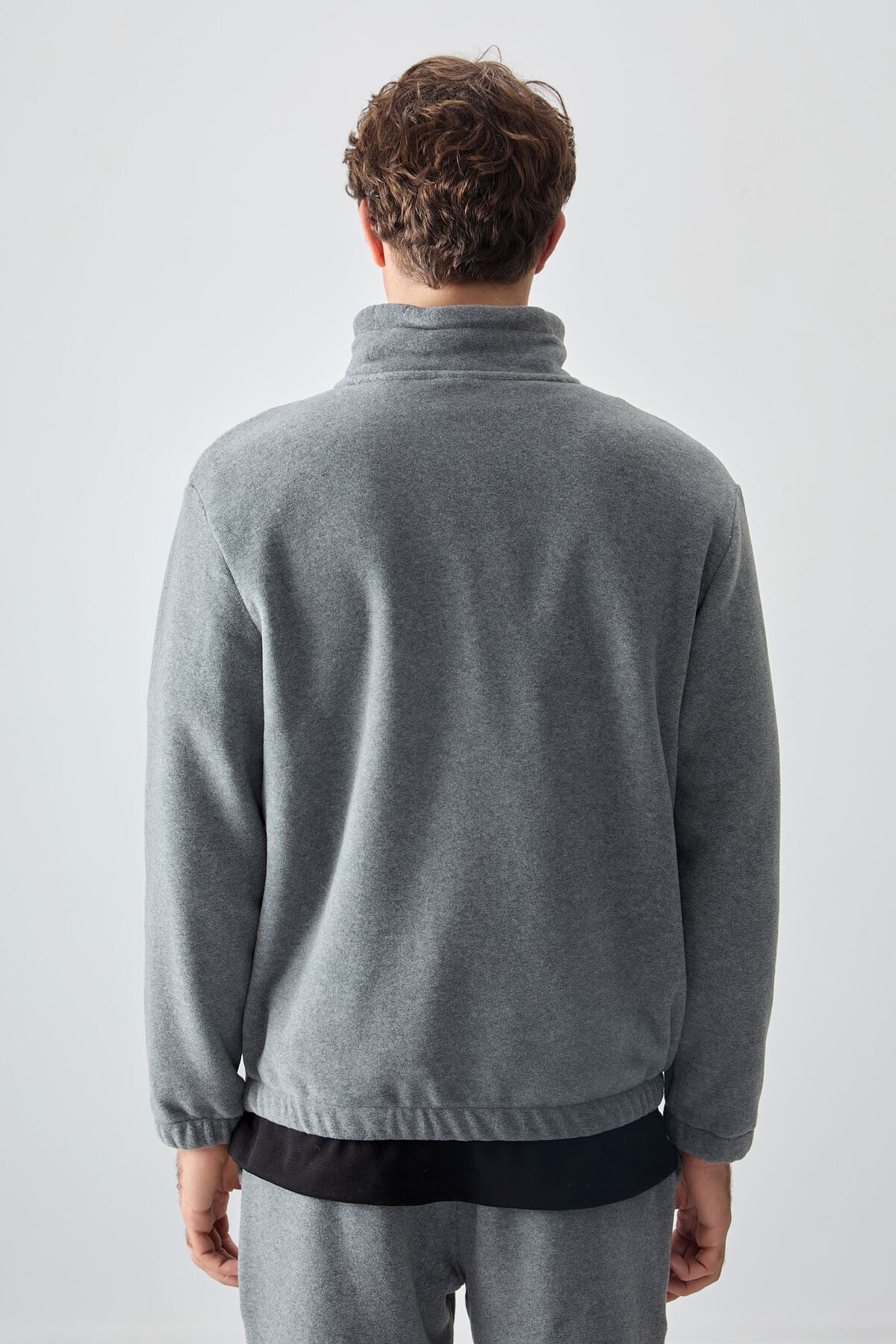Gri Melanj Yarım Fermuar Dik Yaka Lastik Paça Polar Erkek Eşofman Takımı - 85159