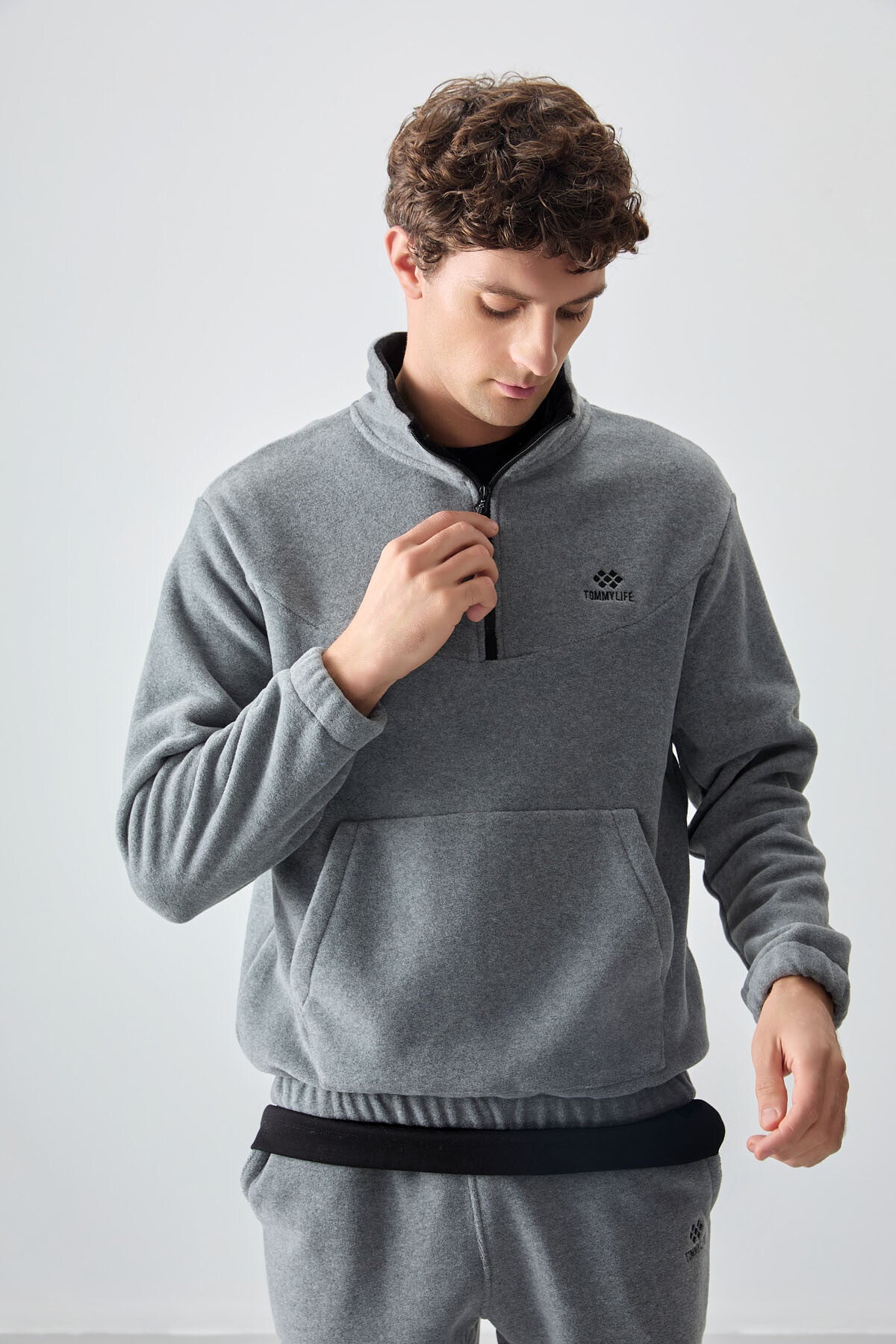 Gri Melanj Yarım Fermuar Dik Yaka Lastik Paça Polar Erkek Eşofman Takımı - 85159