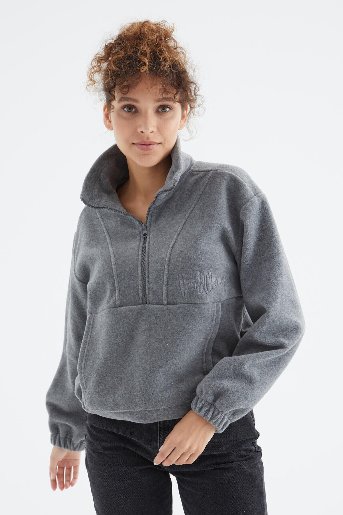 Gri Melanj Yarım Fermuar Etek Ucu Büzgülü Kadın Polar Oversize Sweatshirt - 97171
